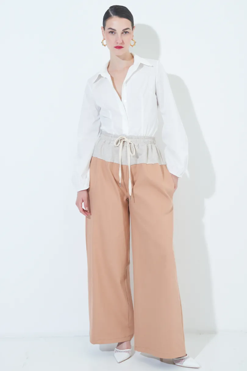 Discount KIKISIX PANTALONE OVER 2 TESSUTI CAMICIOLA/CAMMELLO