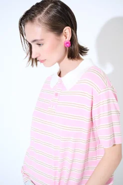 Online KIKISIX POLO CROP CON SPACCHI A RIGHE M/MANICA ROSA