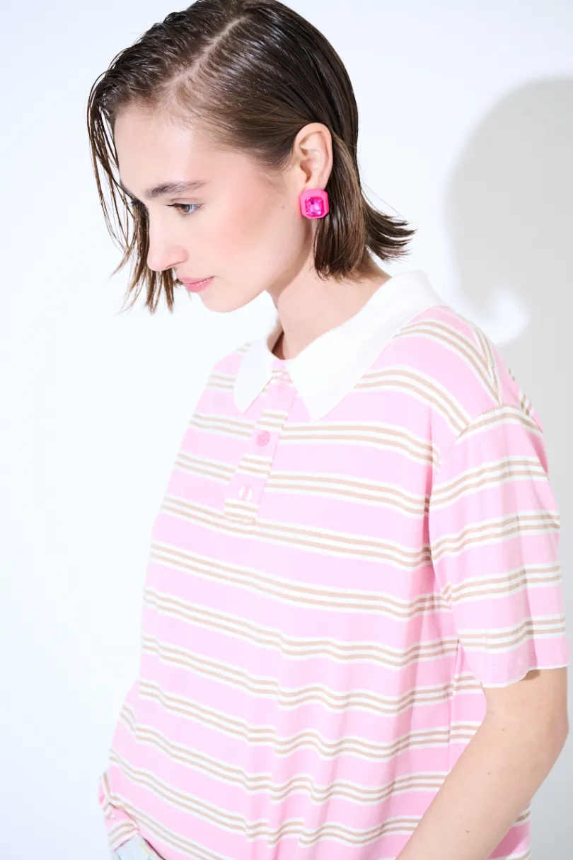 Online KIKISIX POLO CROP CON SPACCHI A RIGHE M/MANICA ROSA