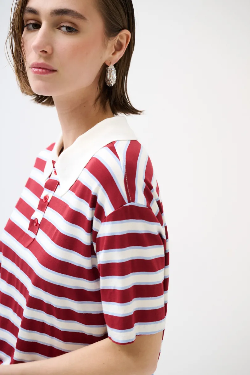 Clearance KIKISIX POLO CROP CON SPACCHI A RIGHE M/MANICA VINO