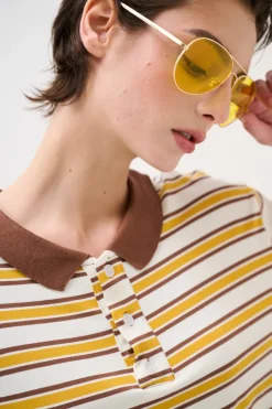 Hot KIKISIX POLO CROP CON SPACCHI A RIGHE M/MANICA SENAPE