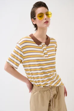 Hot KIKISIX POLO CROP CON SPACCHI A RIGHE M/MANICA SENAPE