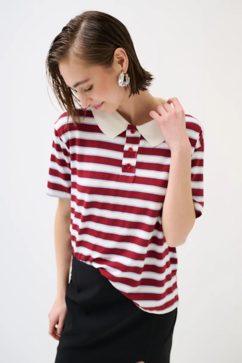 Clearance KIKISIX POLO CROP CON SPACCHI A RIGHE M/MANICA VINO