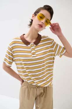 Hot KIKISIX POLO CROP CON SPACCHI A RIGHE M/MANICA SENAPE