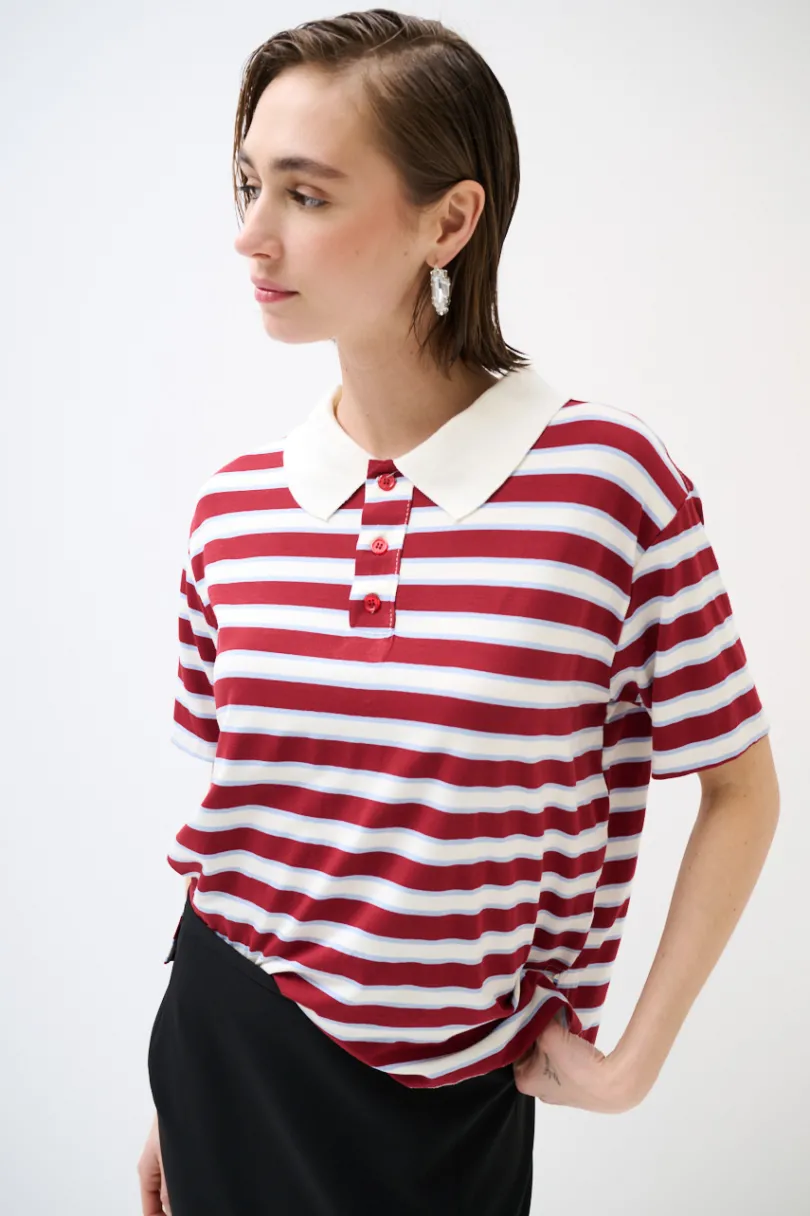 Clearance KIKISIX POLO CROP CON SPACCHI A RIGHE M/MANICA VINO