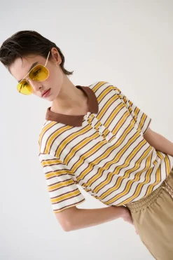 Hot KIKISIX POLO CROP CON SPACCHI A RIGHE M/MANICA SENAPE