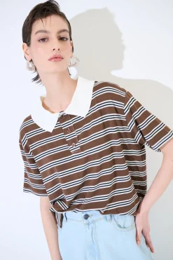 Clearance KIKISIX POLO CROP CON SPACCHI ARIGHE M/MANICA CIOCCOLATO
