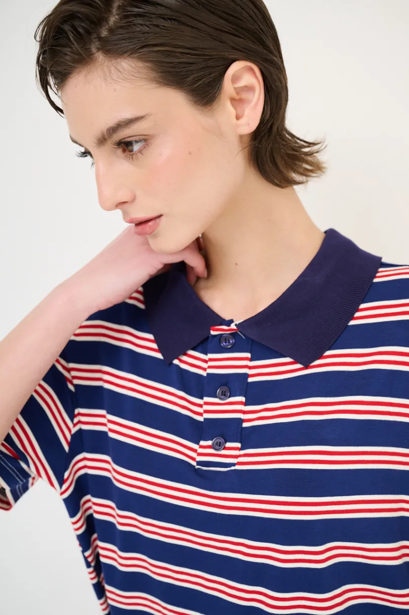 Outlet KIKISIX POLO CROP CON SPACCHI ARIGHE M/MANICA NAVY