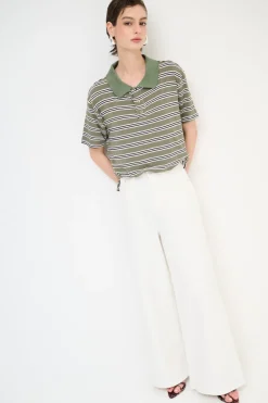 Discount KIKISIX POLO CROP CON SPACCHI ARIGHE M/MANICA VERDE MILITARE