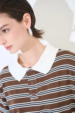 Clearance KIKISIX POLO CROP CON SPACCHI ARIGHE M/MANICA CIOCCOLATO