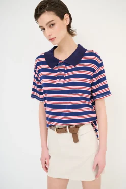 Outlet KIKISIX POLO CROP CON SPACCHI ARIGHE M/MANICA NAVY