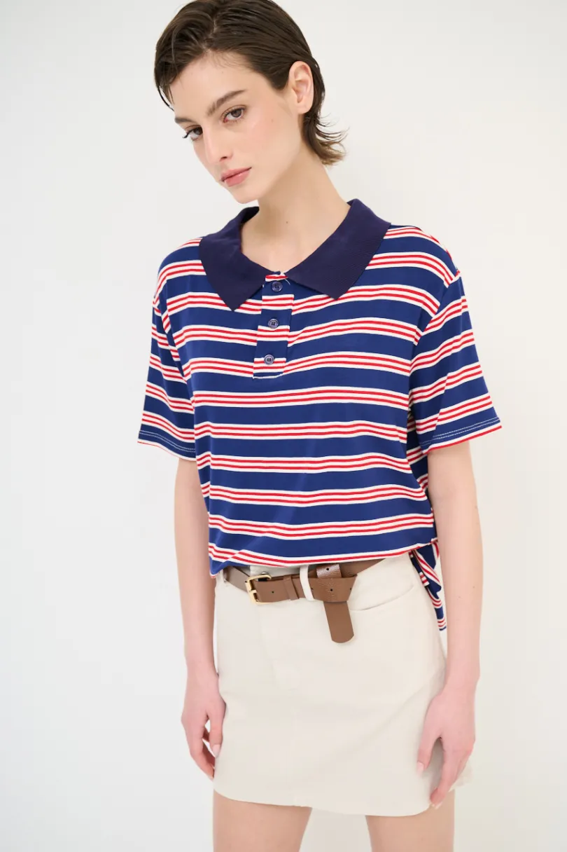 Outlet KIKISIX POLO CROP CON SPACCHI ARIGHE M/MANICA NAVY