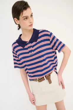 Outlet KIKISIX POLO CROP CON SPACCHI ARIGHE M/MANICA NAVY