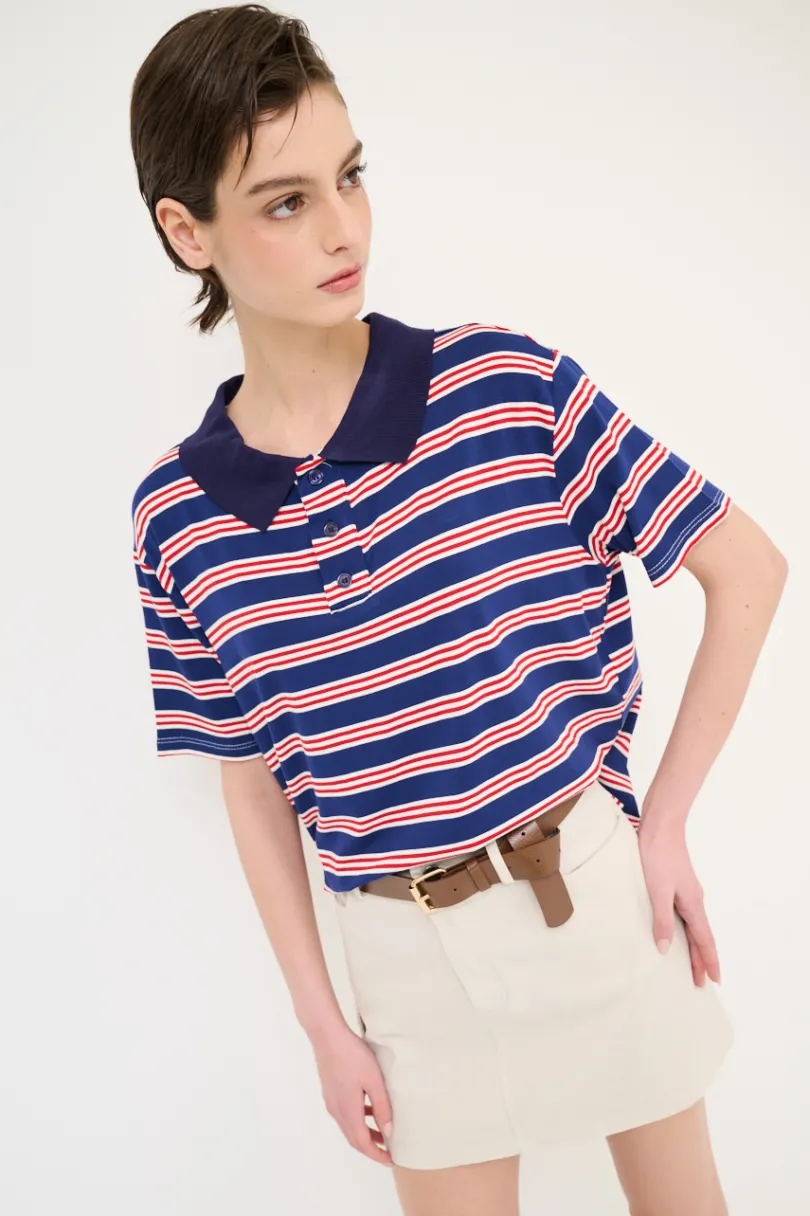Outlet KIKISIX POLO CROP CON SPACCHI ARIGHE M/MANICA NAVY