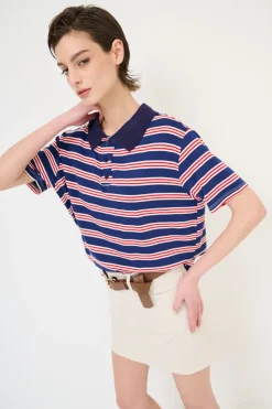 Outlet KIKISIX POLO CROP CON SPACCHI ARIGHE M/MANICA NAVY