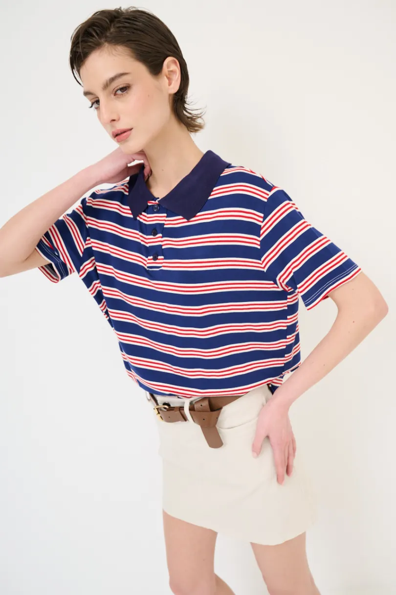 Outlet KIKISIX POLO CROP CON SPACCHI ARIGHE M/MANICA NAVY