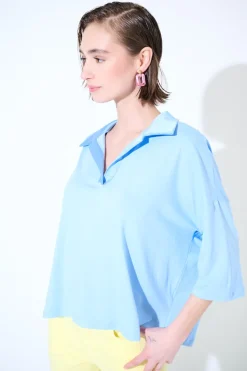 Clearance KIKISIX POLO CROP MANICA CORTA CELESTE