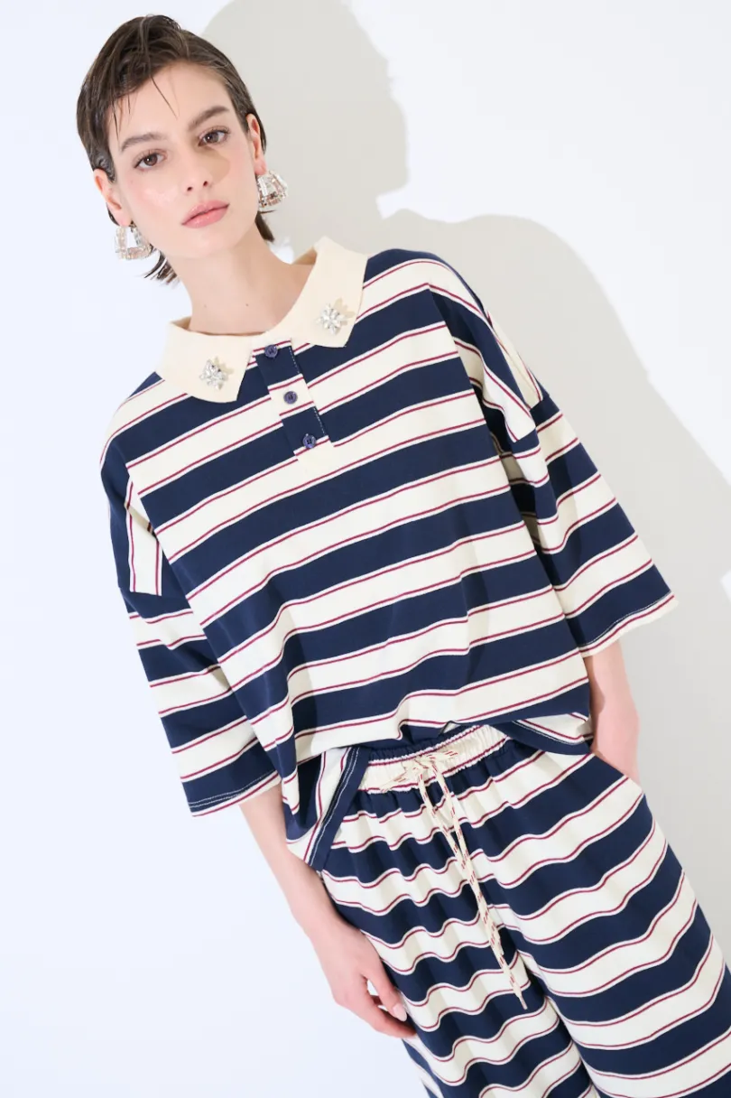 Discount KIKISIX POLO MANICA 3/4 RIGA BLU