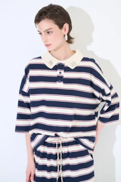 Discount KIKISIX POLO MANICA 3/4 RIGA BLU