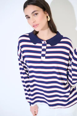 Outlet KIKISIX POLO OVER RIGA CON MANICA COSTINA BLU