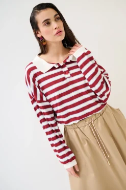 Discount KIKISIX POLO OVER RIGA CON MANICA COSTINA VINO