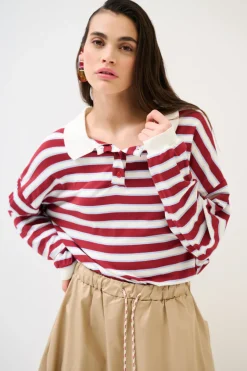 Discount KIKISIX POLO OVER RIGA CON MANICA COSTINA VINO