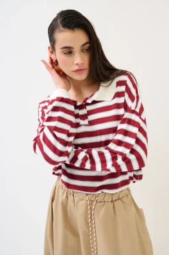 Discount KIKISIX POLO OVER RIGA CON MANICA COSTINA VINO