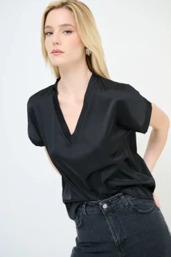 Clearance KIKISIX TOP SCOLLO V OVER SENZAGIRO MANICA RASO NERO