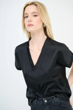 Clearance KIKISIX TOP SCOLLO V OVER SENZAGIRO MANICA RASO NERO