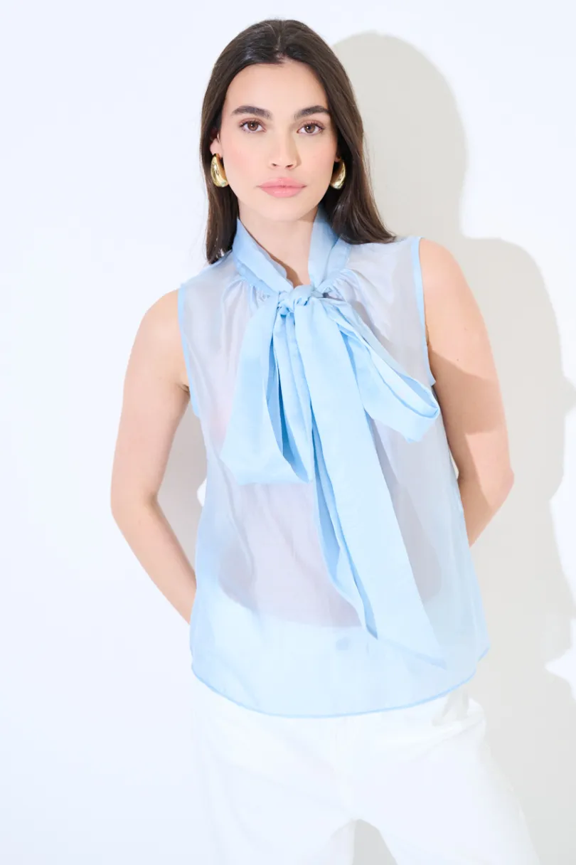 New KIKISIX TOP SMANICATO CON MAXI FIOCCO VOILE CELESTE