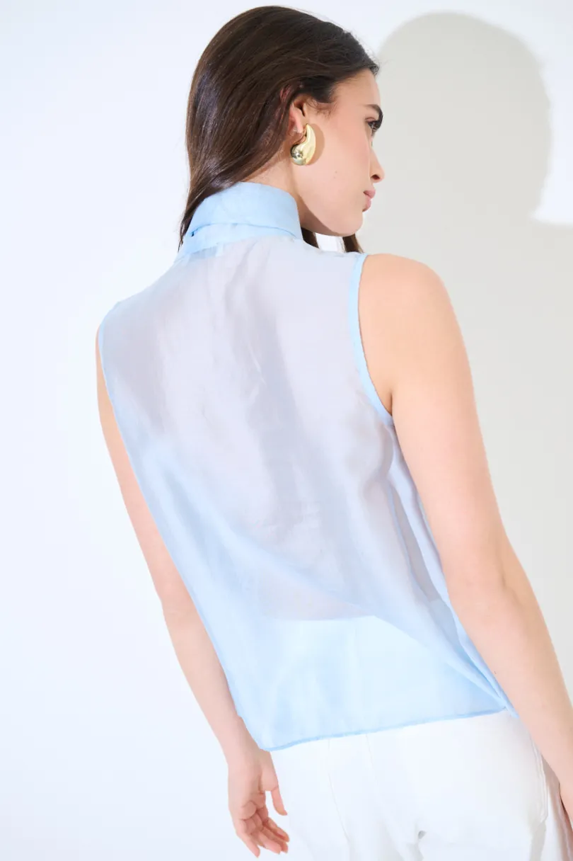 New KIKISIX TOP SMANICATO CON MAXI FIOCCO VOILE CELESTE