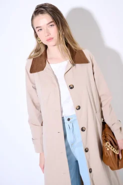Hot KIKISIX TRENCH LUNGO OVERSIZE CON COLLETTO IN DAINETTO BEIGE/MORO
