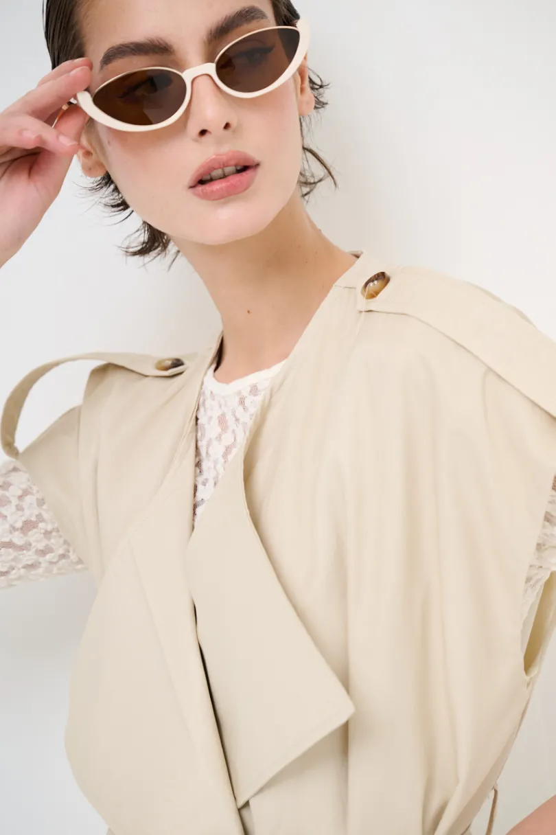 Online KIKISIX TRENCH LUNGO SMANICATO SENZA COLLO BEIGE