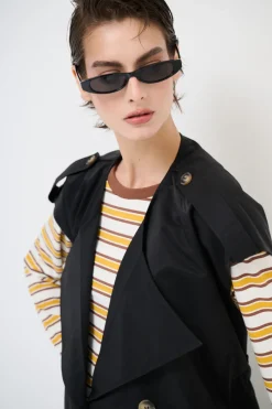 Fashion KIKISIX TRENCH LUNGO SMANICATO SENZA COLLO NERO