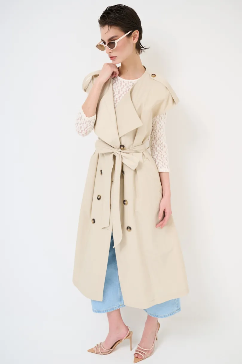 Online KIKISIX TRENCH LUNGO SMANICATO SENZA COLLO BEIGE