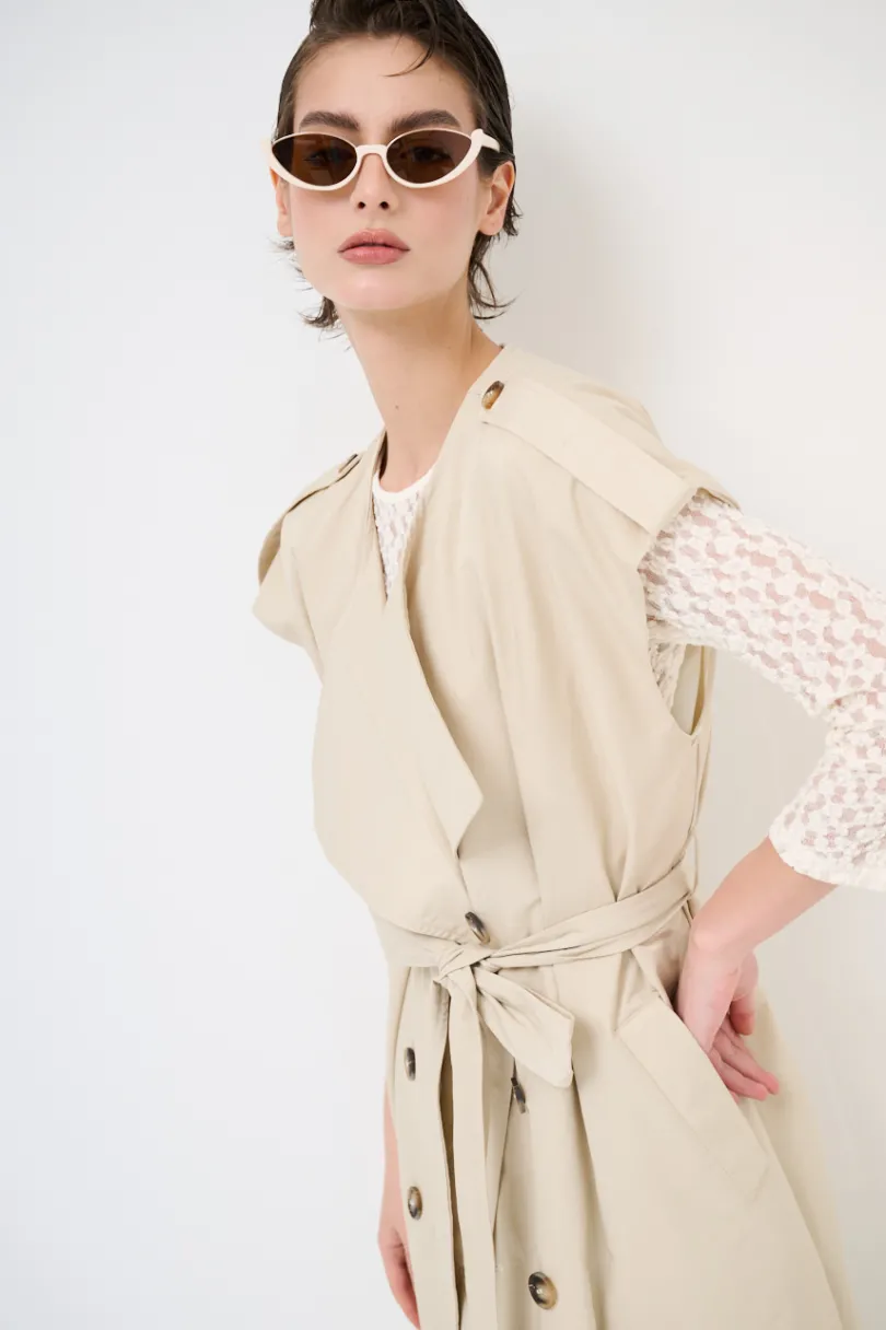 Online KIKISIX TRENCH LUNGO SMANICATO SENZA COLLO BEIGE