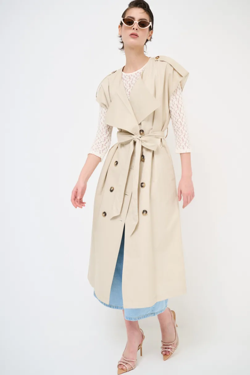 Online KIKISIX TRENCH LUNGO SMANICATO SENZA COLLO BEIGE