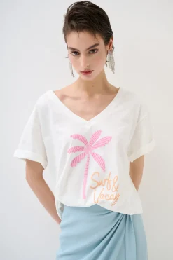 Outlet KIKISIX T-SHIRT COLLO A V PALMA BIANCO