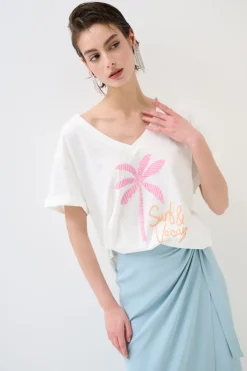 Outlet KIKISIX T-SHIRT COLLO A V PALMA BIANCO