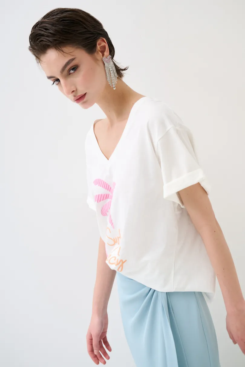 Outlet KIKISIX T-SHIRT COLLO A V PALMA BIANCO