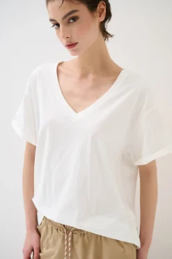 Sale KIKISIX T-SHIRT COLLO A V STAMPA BOUQUET SUL DT BIANCO