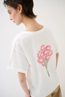 Sale KIKISIX T-SHIRT COLLO A V STAMPA BOUQUET SUL DT BIANCO