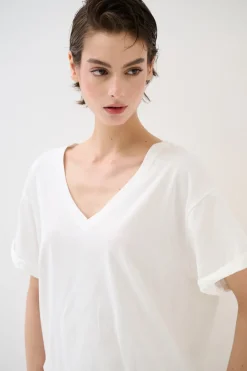 Sale KIKISIX T-SHIRT COLLO A V STAMPA BOUQUET SUL DT BIANCO