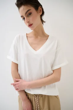 Sale KIKISIX T-SHIRT COLLO A V STAMPA BOUQUET SUL DT BIANCO