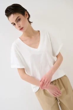 Sale KIKISIX T-SHIRT COLLO A V STAMPA BOUQUET SUL DT BIANCO