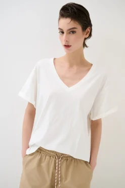 Sale KIKISIX T-SHIRT COLLO A V STAMPA BOUQUET SUL DT BIANCO