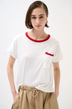 Best KIKISIX T-SHIRT CON PROFILI COSTINA E TASCA BIANCO/ROSSO