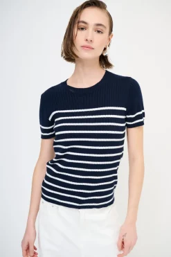 Online KIKISIX T-SHIRT MEZZA MANICA RIGA A COSTE BLU