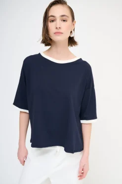 Outlet KIKISIX T-SHIRT PARICOLLO E FONDO MANICA COSTINA BLU/PANNA