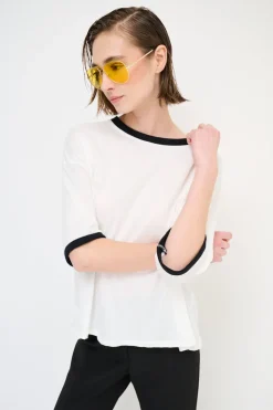 Hot KIKISIX T-SHIRT PARICOLLO E FONDO MANICA COSTINA BIANCO/NERO